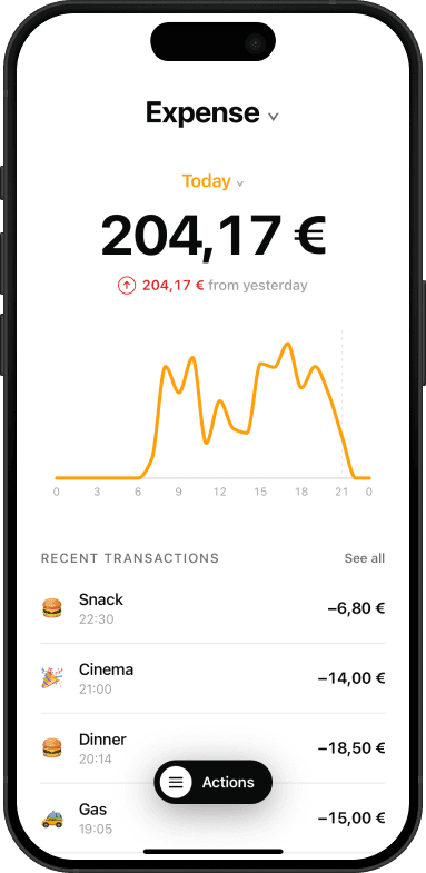 Tally dashboard on iPhone — expenses, spending chart, and recent transactions